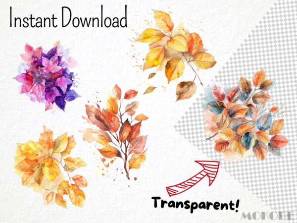 Watercolor Autumn Leaves Clipart 36 Png, Fall Leaves Season Graphics, Autumn Crafting, Card Making, Mixed Media Fall Forest, Commercial Use - Image 5