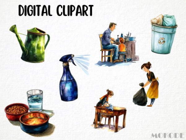 Watercolor Housekeeping Clipart 49 Png Household Chores Graphic, Laundry Basket Clipart, Hanging Clothes, Commercial Use Instant Download - Image 5
