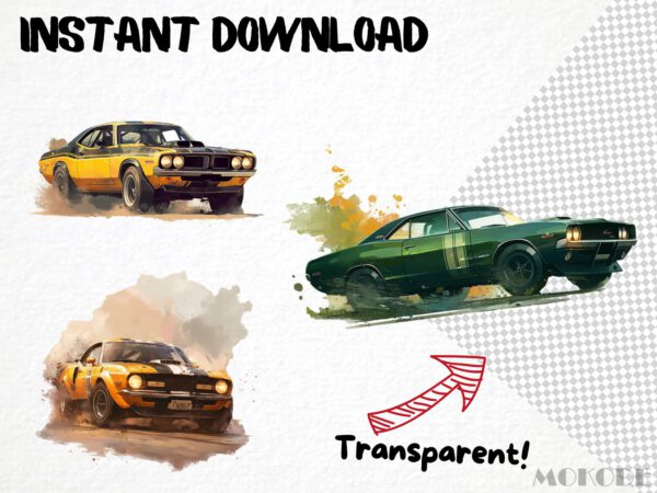 Cool Muscle Cars Watercolor Clipart 32 Png, Classic American Race Car Nursery Clipart, invitation card, Boys T shirt Graphics Commercial Use - Image 5