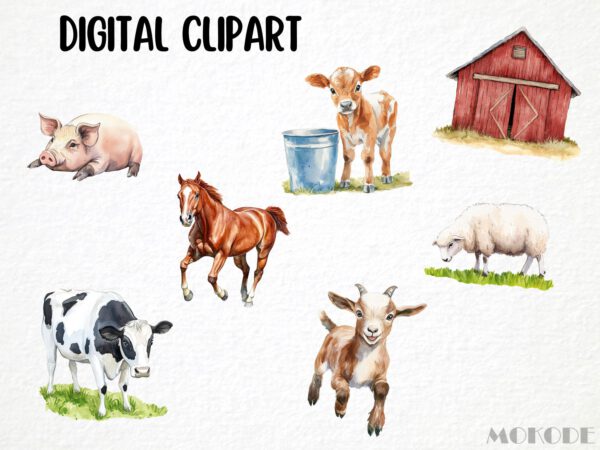 Barn Animals Clipart 47 Png, Watercolor Farm, Cute Cow Illustration, Sheep Art, Goat Clipart, Pig, Horse, Chicken Coop, Digital Download - Image 5