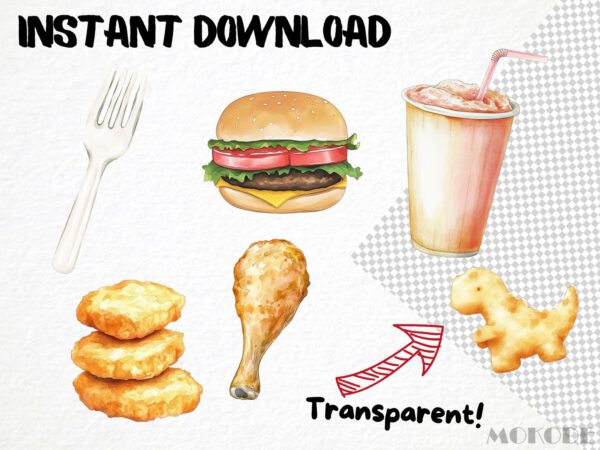 Watercolor Fast Food Clipart 22 Png, Cute Hot Dog, Kids Illustration, Junk Food, Burger and Fries Clipart Digital Prints, Commercial Use - Image 4