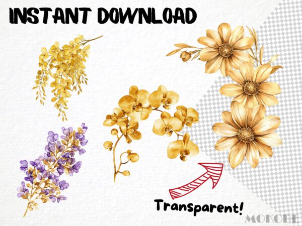 Golden Flowers Clipart, 35 Metallic Floral Graphics, Golden Roses Png, Floral Overlays Crafting Material, Scrapbooking Art Invitations - Image 4