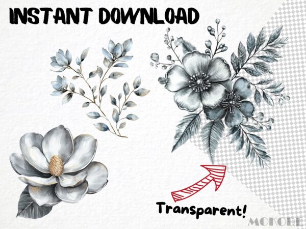 Silver Flowers Clipart, 32 Metallic Floral Graphics, Silvery Roses Png, Floral Overlays Crafting Material, Scrapbooking Art Invitations - Image 4