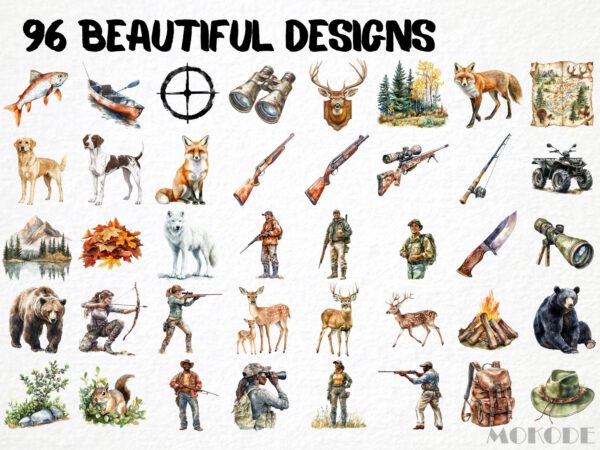 Watercolor Wildlife Hunter 96 Png Clipart Bundle, Forest Game Hunting, Deer Illustration Scrapbooking, Card Making, Woodland Commercial Use - Image 4