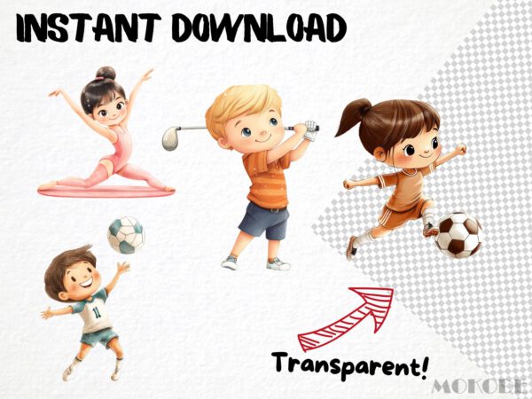 Sports Kids Clipart 40 Png, Cute Athlete Watercolor Football Team Illustration, Basketball Player, Tennis Kids Commercial Use, Soccer Ball - Image 5