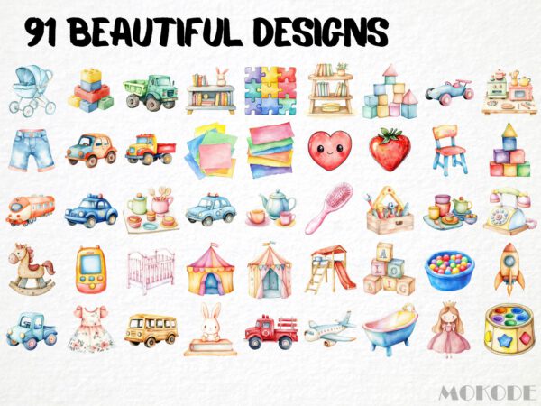 Watercolor Playroom Clipart 91 Png, Childrens Toys Cute Playtime Illustration, Kindergarden Nursery Boys and Girls Toys, Commercial Use - Image 4