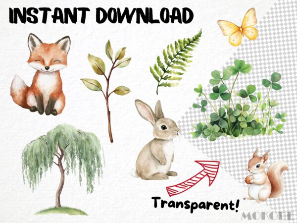 Cute Woodland Clipart 61 Png, Watercolor Forest Animals Nursery, Digital Download, Bunny, Fox, Racoon, Deer png, Commercial Use, Pine Tree - Image 4