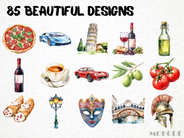Watercolor Italy Clipart 85 Png, Italian Food Clipart, Summer Italy Trip Tradition, Rome Street, Clipart Instant Download Pizza, Colosseum - Image 4