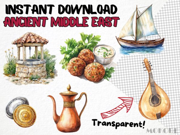 Watercolor Ancient Middle East Clipart 72 Png, Egypt Pyramid Illustration, Camel, Clay Pot, Digital Prints, Instant Download, Scrapbooking - Image 5