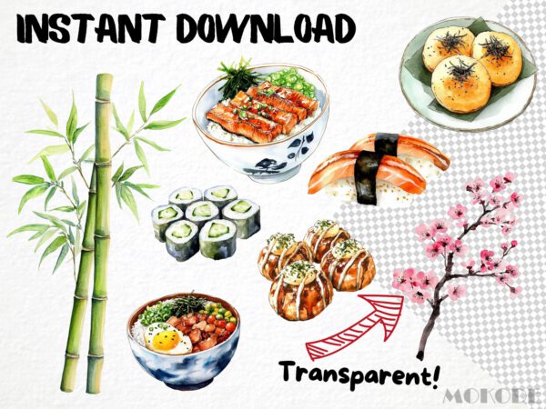 Watercolor Japanese Food Clipart 60 Png, Asian Kitchen Graphics, Sushi Japanese Food Traditional and Trend. Digital Prints, Commercial Use - Image 5