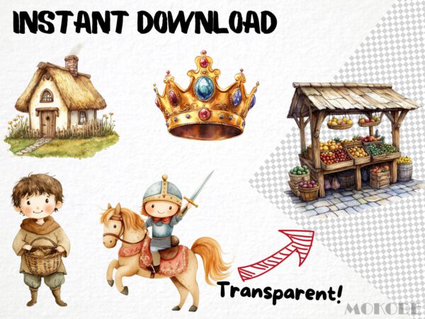 Watercolor Medieval Knight Clipart 52 Png, Middle Age Castle Clipart Fantasy King, Cute Princess Clipart Instant Download, Nursery Dragon - Image 5