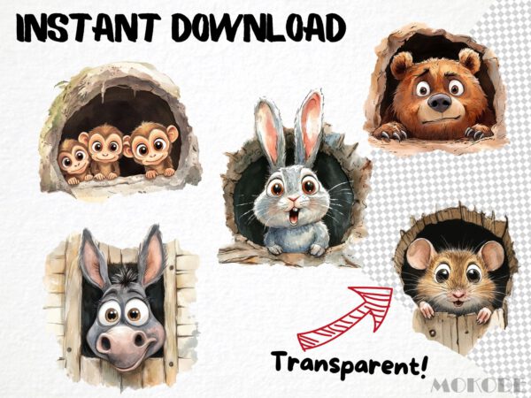 Funny Animals in Hole Clipart 41 Png, Cute Caricature Pets, Peeking Dog Watercolor, Quirky Monkey Cartoon, Digital Prints, Sticker Scrapbook - Image 5