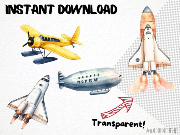 Flying Vehicles Watercolor Clipart 25 Png, Airplane Graphics, Hot Air Balloon Nursery Art, Cute Helicopter, Instant Download Digital - Image 5