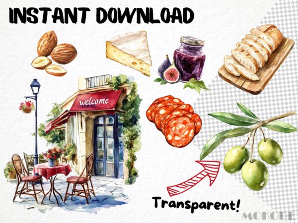 Watercolor Charcuterie Clipart 82 Png, French Cuisine Graphics, France Meat Food Picnic, Cheese, Baguette, Digital Prints, Commercial Use - Image 5