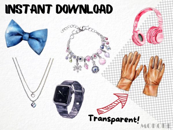Accessories Clipart 60 Png, Luxury Items Watercolor Fashion Illustration, Girly Jewelry, Watch Clipart, Learning Material, Digital Download - Image 5
