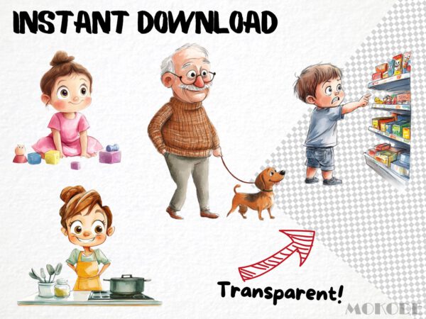 Funny Family Clipart 38 Png, Watercolor Kids Graphics, Mom and Dad Illustration, Quirky Baby Gift Art, Digital Prints, Instant Download - Image 5