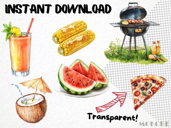 Watercolor Summer Food Clipart 51 Png, Ice Cream Illustration, Coconut Fruits Watermelon, BBQ Party Pizza Digital Prints, Commercial Use - Image 5