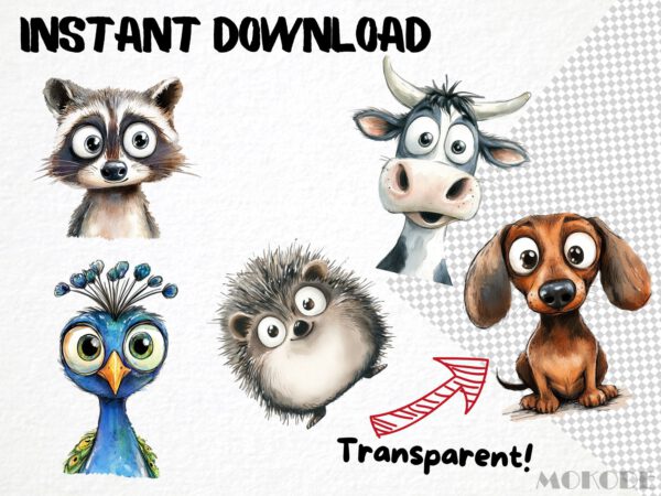 Funny Animals Clipart 28 Png, Cute Caricature Pets, Cat Watercolor, Funny Raccoon, Cartoon Animals, Digital Prints, Sticker Scrapbooking - Image 5