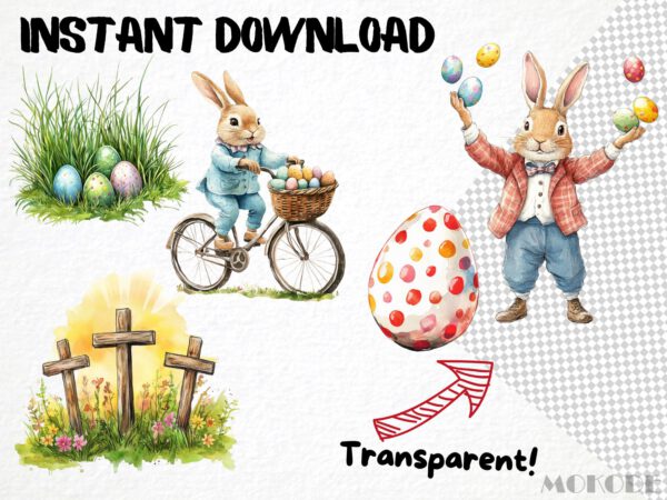 Easter Spring Clipart 58 Png, Cute Caricature Easter Egg, Quirky Rabbit Watercolor, Cartoon Bunny, Cross Digital Prints Commercial Use - Image 5