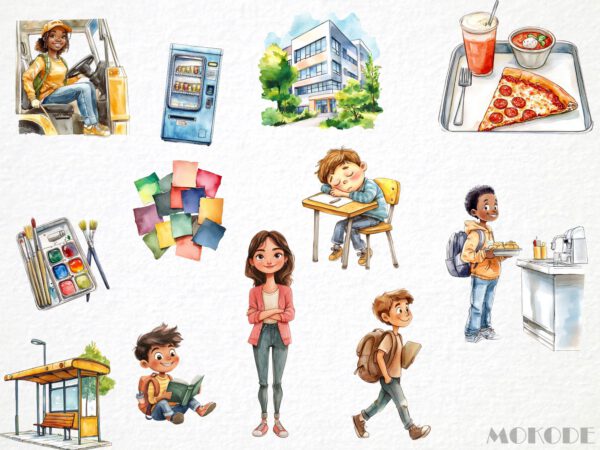 Cartoon School Watercolor Clipart 73 Png, Funny Elementary School Kids, Teacher Digital Prints, Schoolbus, Instant Download, Scrapbooking - Image 4
