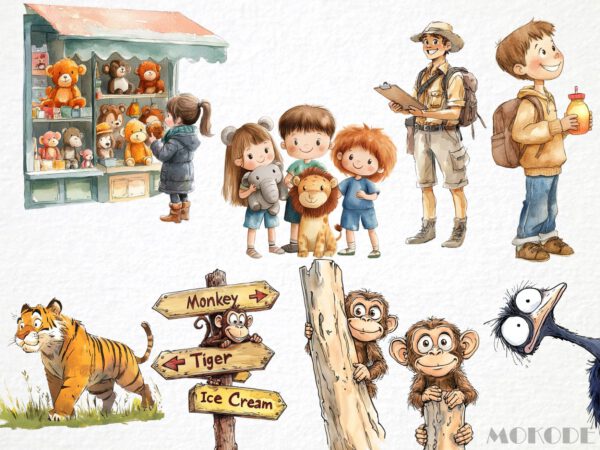 Watercolor Trip to the Zoo Clipart 50 Png, Cartoon School Kids at Zoo, Animals Illustration, Funny Lion Digital Prints, Instant Download - Image 4