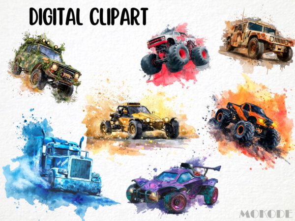 Cool Offroads Clipart 25 Png, Racing Monstertruck Color Splash Tshirt Design Clipart, POD Boys T shirt Graphics Watercolor, Commercial Use - Image 4