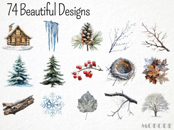 Watercolor Winter Forest Clipart 74 Png, Frosty Twigs & Logs Crafting, Snowy Pine Tree Cone, Pine Needle, Icy Leaf, Cold Nature, Download - Image 3