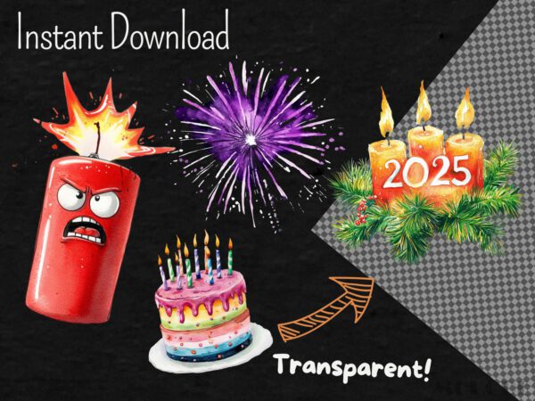 Watercolor Cute New Years' Eve 2025 Clipart 43 Celebration Png Happy New Years Fireworks, Kids Sparkler, Scrapbooking, Digital Holiday - Image 5