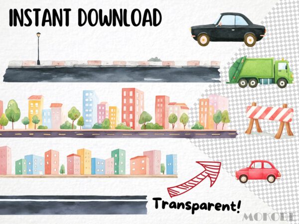 Cute Traffic Clipart 48 Png, Watercolor Cars City Illustration, Kindergarden Nursery Vehicles, Street Sign, Fire Truck Commercial Use - Image 5
