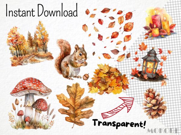 Watercolor Autumn Megabundle, Fall Season Clipart, Autumn Forest Pumpkin, Cozy Autumn, Woodland Animals, Landscapes, Digital Download - Image 5