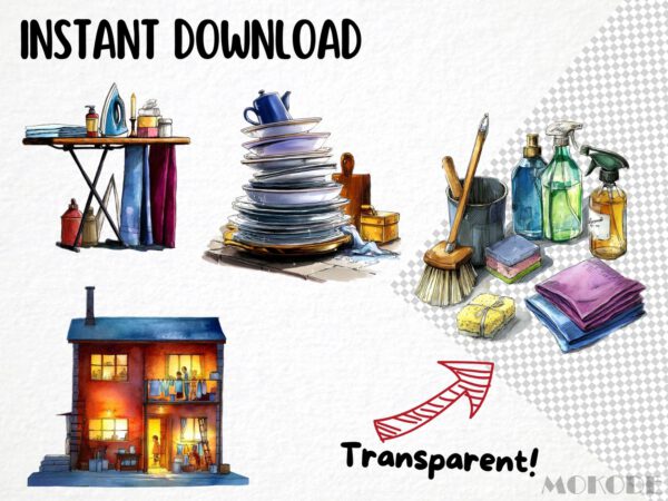 Watercolor Housekeeping Clipart 49 Png Household Chores Graphic, Laundry Basket Clipart, Hanging Clothes, Commercial Use Instant Download - Image 6