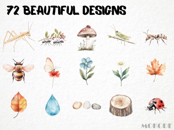 Cute Tiny Forest Life Clipart 72 Png, Watercolor Mini Insects Nursery, Digital Download, Ladybug, Small Ants png, Commercial Use - Image 3