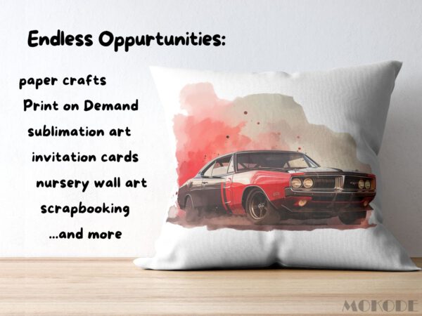 Cool Muscle Cars Watercolor Clipart 32 Png, Classic American Race Car Nursery Clipart, invitation card, Boys T shirt Graphics Commercial Use - Image 6