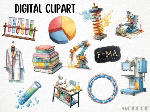 Science Lab Clipart 89 Png, Physics Watercolor Radioactive Atom Illustration, Chemistry Class Experiment, Maths Formula Digital Download - Image 6