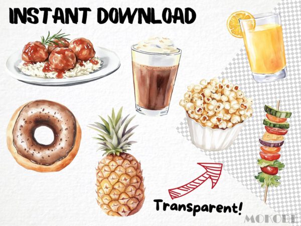 Watercolor Food Clipart 47 Png, Cute Breakfast, Kids Illustration, Junk Food, Healthy Veggies, Fruits Clipart Digital Prints, Commercial Use - Image 6