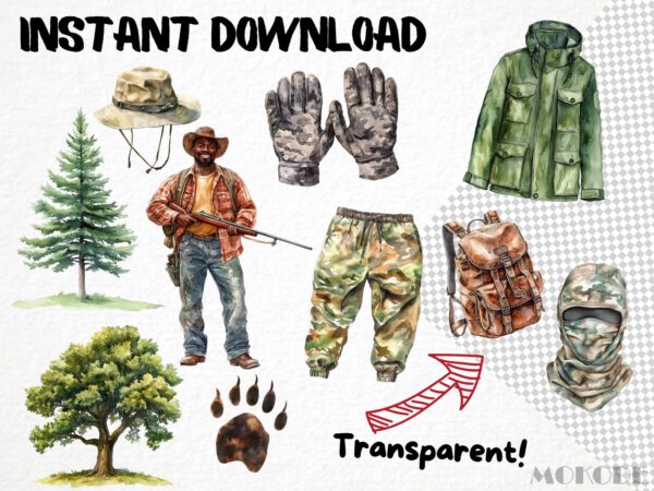 Watercolor Wildlife Hunter 96 Png Clipart Bundle, Forest Game Hunting, Deer Illustration Scrapbooking, Card Making, Woodland Commercial Use - Image 7