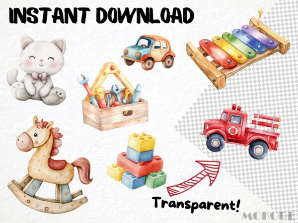 Watercolor Playroom Clipart 91 Png, Childrens Toys Cute Playtime Illustration, Kindergarden Nursery Boys and Girls Toys, Commercial Use - Image 6