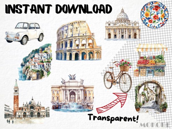 Watercolor Italy Clipart 85 Png, Italian Food Clipart, Summer Italy Trip Tradition, Rome Street, Clipart Instant Download Pizza, Colosseum - Image 6