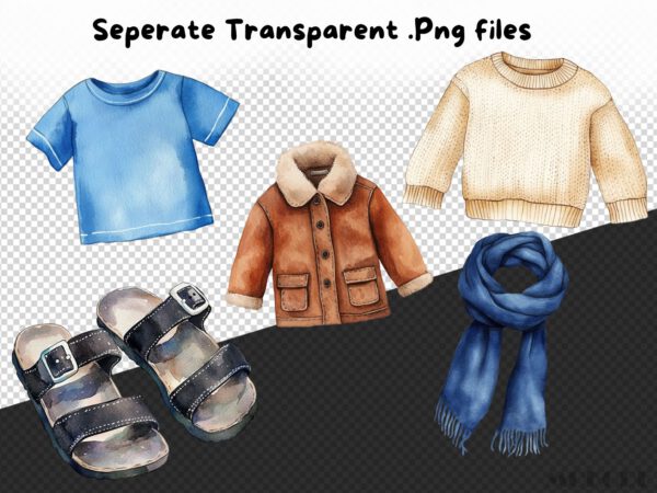 Watercolor Kids Clothing Clipart 46 Png Cute Clothes Graphic, Shirt, Shoes, Pants, Sock, Kindergarden Poster Commercial Use Instant Download - Image 6