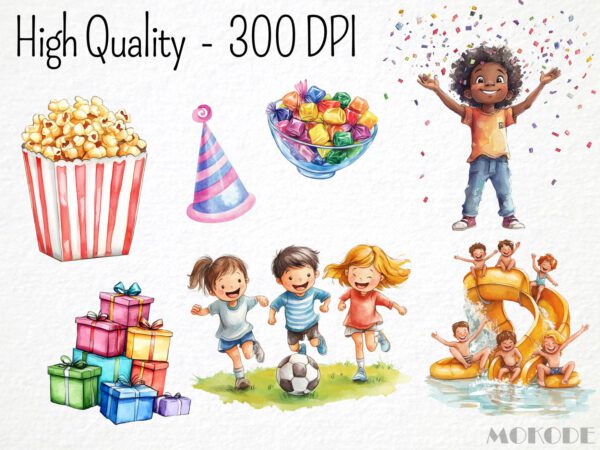 Watercolor Kids Birthday Party Clipart 62 Png, Cartoon Birthday Balloon Invitation Illustration, Gifts, Digital Prints, Instant Download - Image 4
