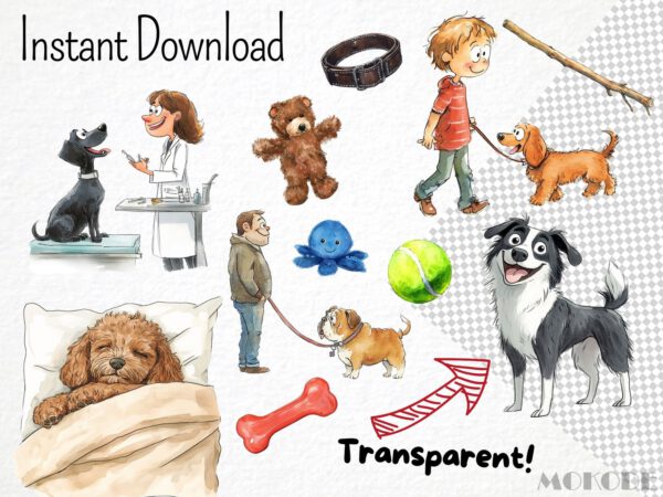 Funny Dog Life Clipart 68 Png, Cute Puppy Watercolor, Quirky Dog, Pet owner Gift, Dog Toy Cartoon, Labrador, Bulldog Digital Download Prints - Image 6