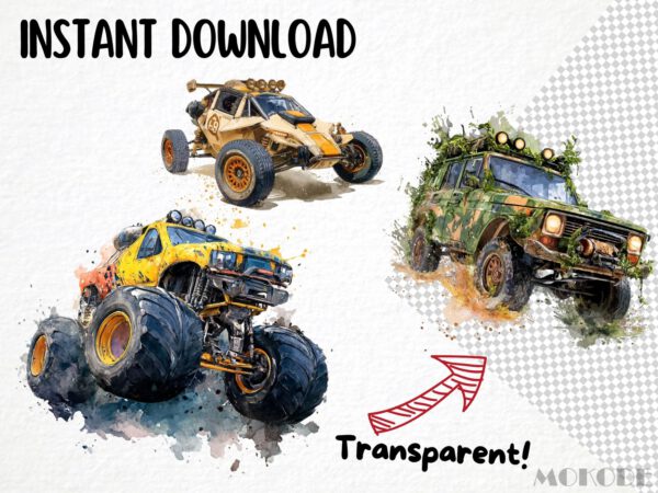Cool Offroads Clipart 25 Png, Racing Monstertruck Color Splash Tshirt Design Clipart, POD Boys T shirt Graphics Watercolor, Commercial Use - Image 6