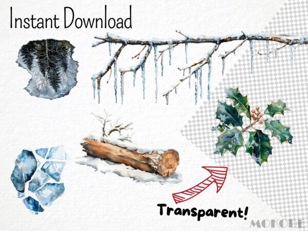 Watercolor Winter Forest Clipart 74 Png, Frosty Twigs & Logs Crafting, Snowy Pine Tree Cone, Pine Needle, Icy Leaf, Cold Nature, Download - Image 6