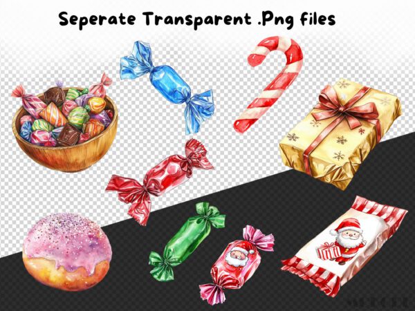 Watercolor Christmas Candy Clipart 41 Png, Festive Sweets, Chocolate Bar, Christmas Wrapped Bonbon, Sugar Cane, Digital Prints Scrapbooking - Image 7