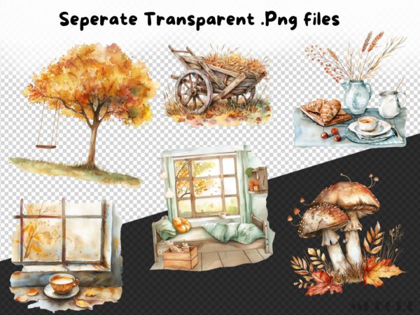 Watercolor Cozy Autumn Clipart 46 Png, Fall Home Fireplace, Autumn Coffee, Fall Window, Digital Download Commercial Use - Image 7