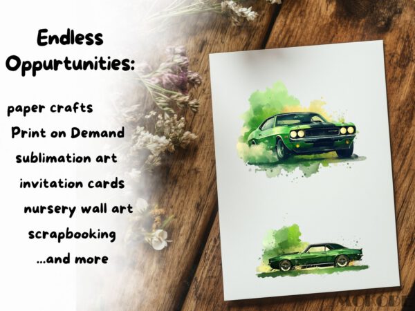 Cool Muscle Cars Watercolor Clipart 32 Png, Classic American Race Car Nursery Clipart, invitation card, Boys T shirt Graphics Commercial Use - Image 7