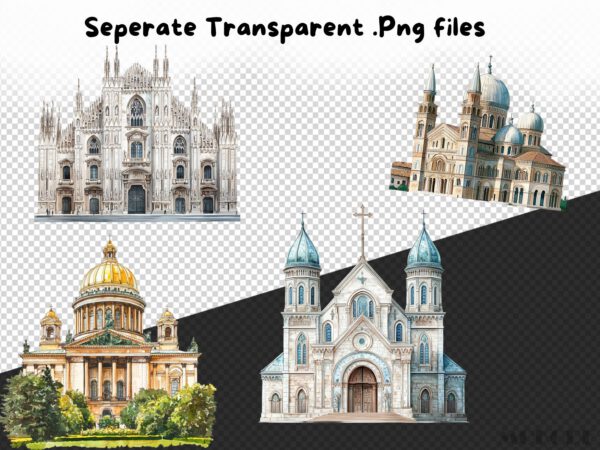 Famous Churches Clipart Png, Watercolor Church Notre Dame Cathedral, St. Peters Basilica, Catholic Church, Protestant Church Building Art - Image 7