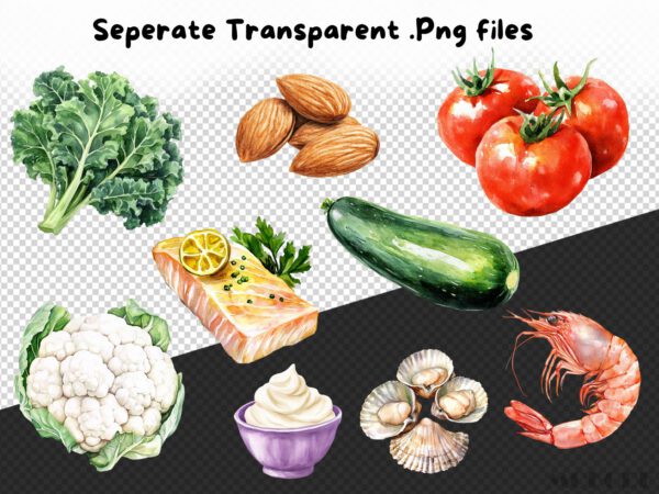 Low Carb Food Clipart Watercolor Vegetable png, Healthy Low Carbs Diet Digital Art, Nuts, Berries and Fish Meats, Commercial Use, Download - Image 7