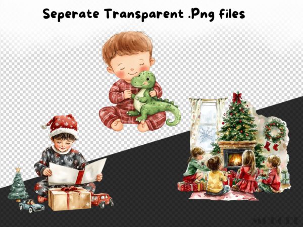 Watercolor Christmas Kids Clipart 21 Png, Christmas Eve Presents Opening, Santa Xmas Tree, Invitation Card Making, Commercial Use - Image 7