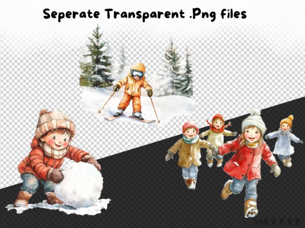 Watercolor Winter Fun Clipart 22 Png, Kids Playing in Snow, Christmas Tree, Kids Baking Cookie, Snowman Snowball Fight, Commercial Use - Image 7